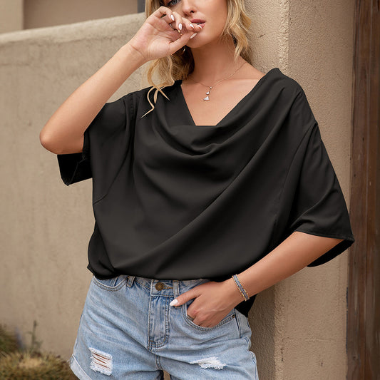 Women's Pleated Draped Solid V-Neck Short Sleeve Loose Top