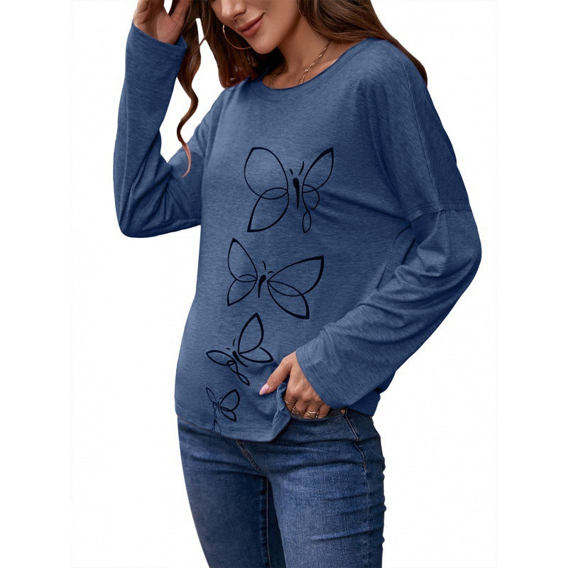 Printed Round Neck Long Sleeve Pullover Loose Casual Bottoming T-Shirt Top Women