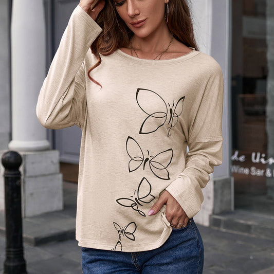 Printed Round Neck Long Sleeve Pullover Loose Casual Bottoming T-Shirt Top Women